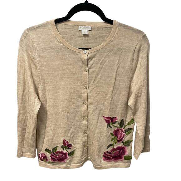 Garnet Hill Button Front Merino Wool Floral Embroidered Cardigan Beige Medium - Picture 1 of 5